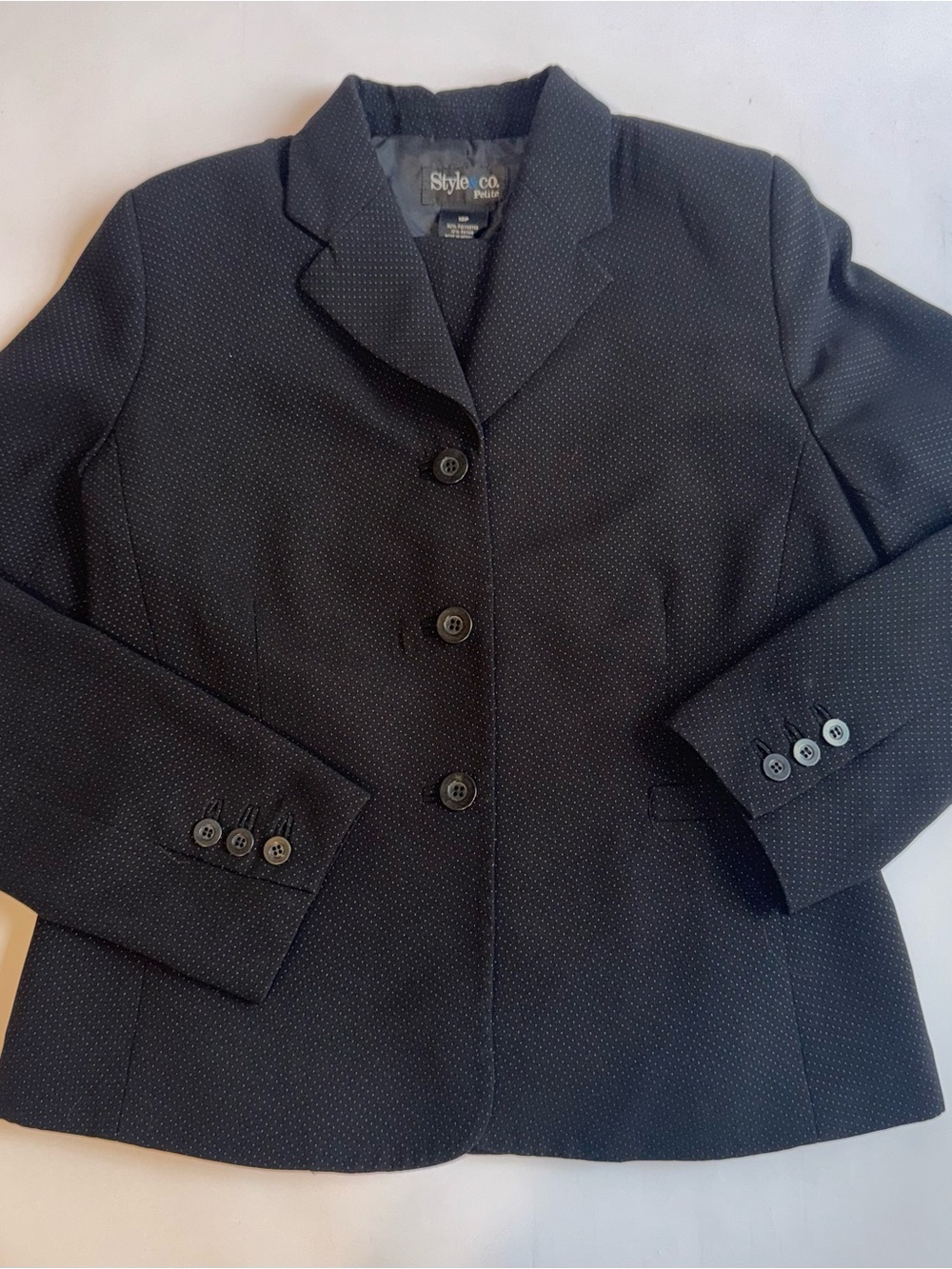 Style & Co Women’s 12P Petite Black Pin Dot 2 Piece Pantsuit Blazer Pants